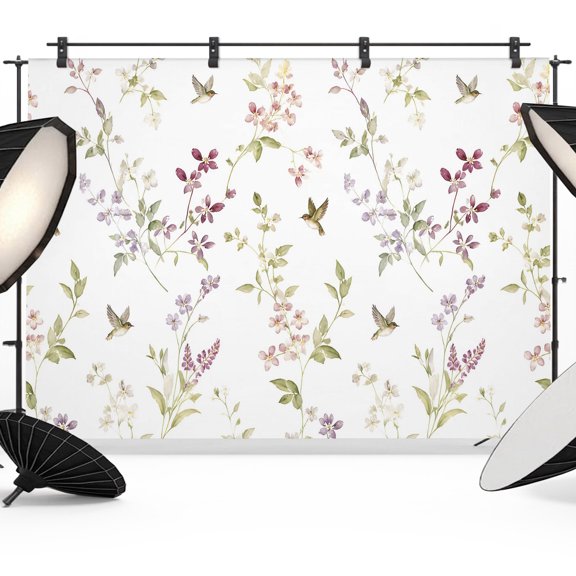 Tiny Wildflower Backdrops for Photography, Spring Purple Buds Botanical Green Leaf Birds Country Fabric Photo Background Sturdy Studio Props for Photo Studio, Video Recording Photoshoot 7x5ft