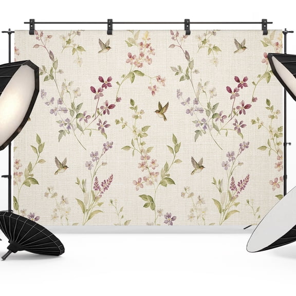 Tiny Wildflower Backdrops for Photography, Spring Purple Buds Green Leaf Birds Linen Texture Fabric Photo Background Sturdy Studio Props for Photo Studio, Video Recording, Booth & Photoshoot 7x5ft