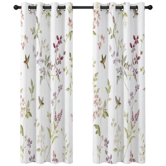 Tiny Wildflower Blackout Curtains 63 Inches Long, Spring Purple Buds Botanical Green Leaf Birds Country Thermal Insulated Room Darkening Drapes with Grommets for Living Room 42"W x 63"L, 2 Panels