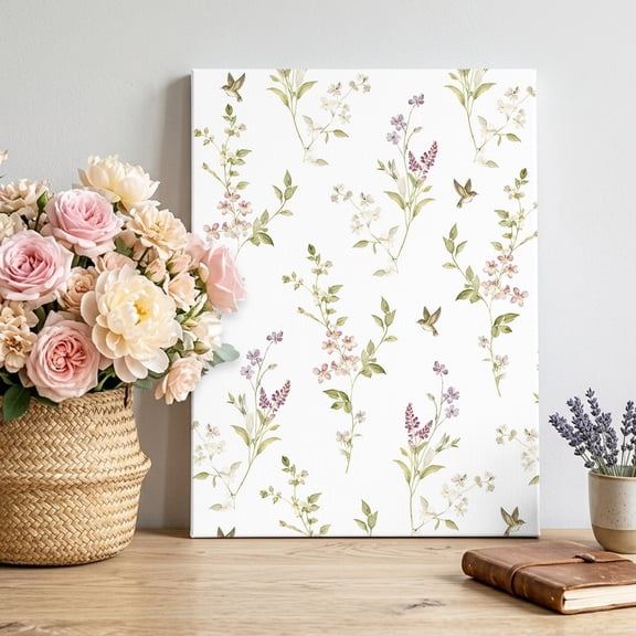 Tiny Wildflower Canvas Wall Art for Living Room, Spring Dainty Botanical Green Leaf Birds French Country Poster Print Painting for Bedroom Office Home Decoration Wall Pictures Prepare To Hang 8"x12"
