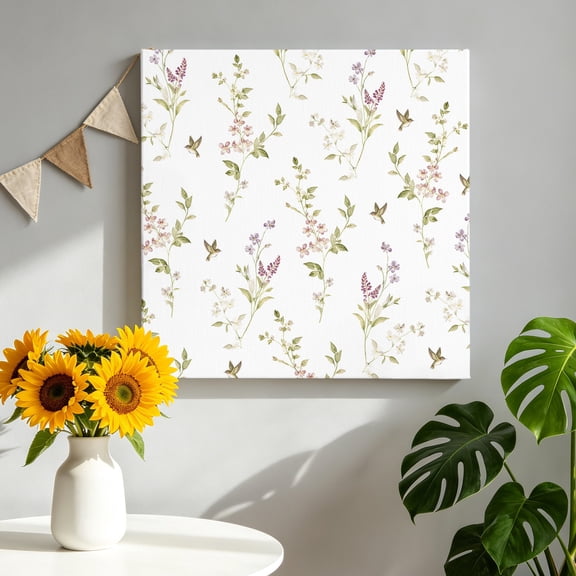Tiny Wildflower Canvas Wall Art for Living Room, Spring Dainty Botanical Green Leaf Birds French Country Poster Print Painting for Bedroom Office Home Decoration Wall Pictures Prepare To Hang 12"x12"