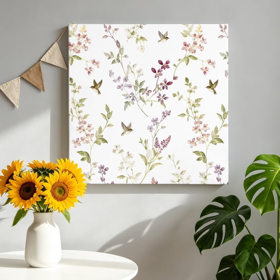 Tiny Wildflower Canvas Wall Art for Living Room, Spring Purple Buds Botanical Green Leaf Birds Country Poster Print Painting for Bedroom Office Home Decoration Wall Pictures Prepare To Hang 10"x10"