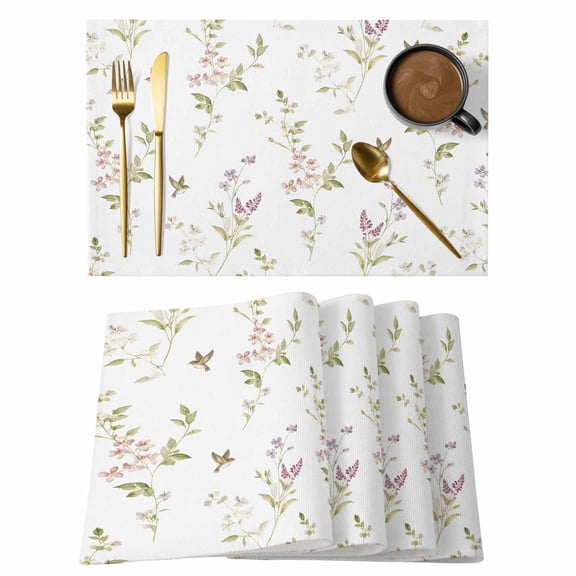 Tiny Wildflower Placemats Set of 12, Spring Dainty Botanical Green Leaf Birds French Country Non-Slip Place Mats Washable Table Mats for Kitchen Dining Table Decorations Indoor/Outdoor