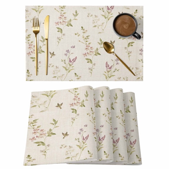 Tiny Wildflower Placemats Set of 12, Spring Dainty Botanical Green Leaf Birds Linen Texture Non-Slip Place Mats Washable Table Mats for Kitchen Dining Table Decorations Indoor/Outdoor