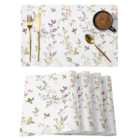 Tiny Wildflower Placemats Set of 12, Spring Purple Buds Botanical Green Leaf Birds Country Non-Slip Place Mats Washable Table Mats for Kitchen Dining Table Decorations Indoor/Outdoor