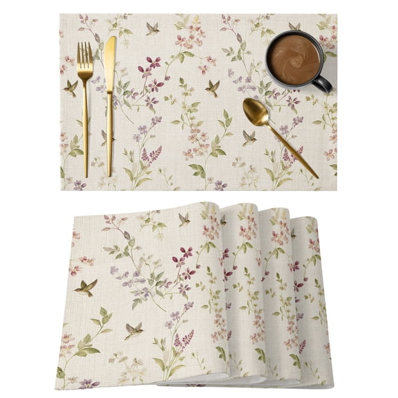 Tiny Wildflower Placemats Set of 12, Spring Purple Buds Green Leaf Birds Linen Texture Non-Slip Place Mats Washable Table Mats for Kitchen Dining Table Decorations Indoor/Outdoor