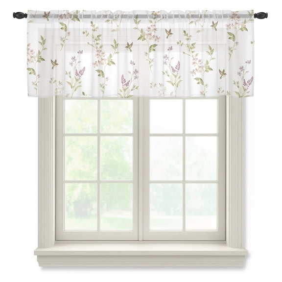 Tiny Wildflower Semi Sheer Valance Curtains, Spring Dainty Botanical Green Leaf Birds French Country Voile Valances Curtain Rod Pocket Small Window Treatment for Kitchen Bathroom Cafe 42"x18"