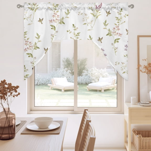 Tiny Wildflower Swag Valance for Windows, Spring Dainty Botanical Green Leaf Birds French Country Swag Curtains Valances for Small Window Treatment Rod Pocket for Kitchen Bathroom 1 Panel 56x36in