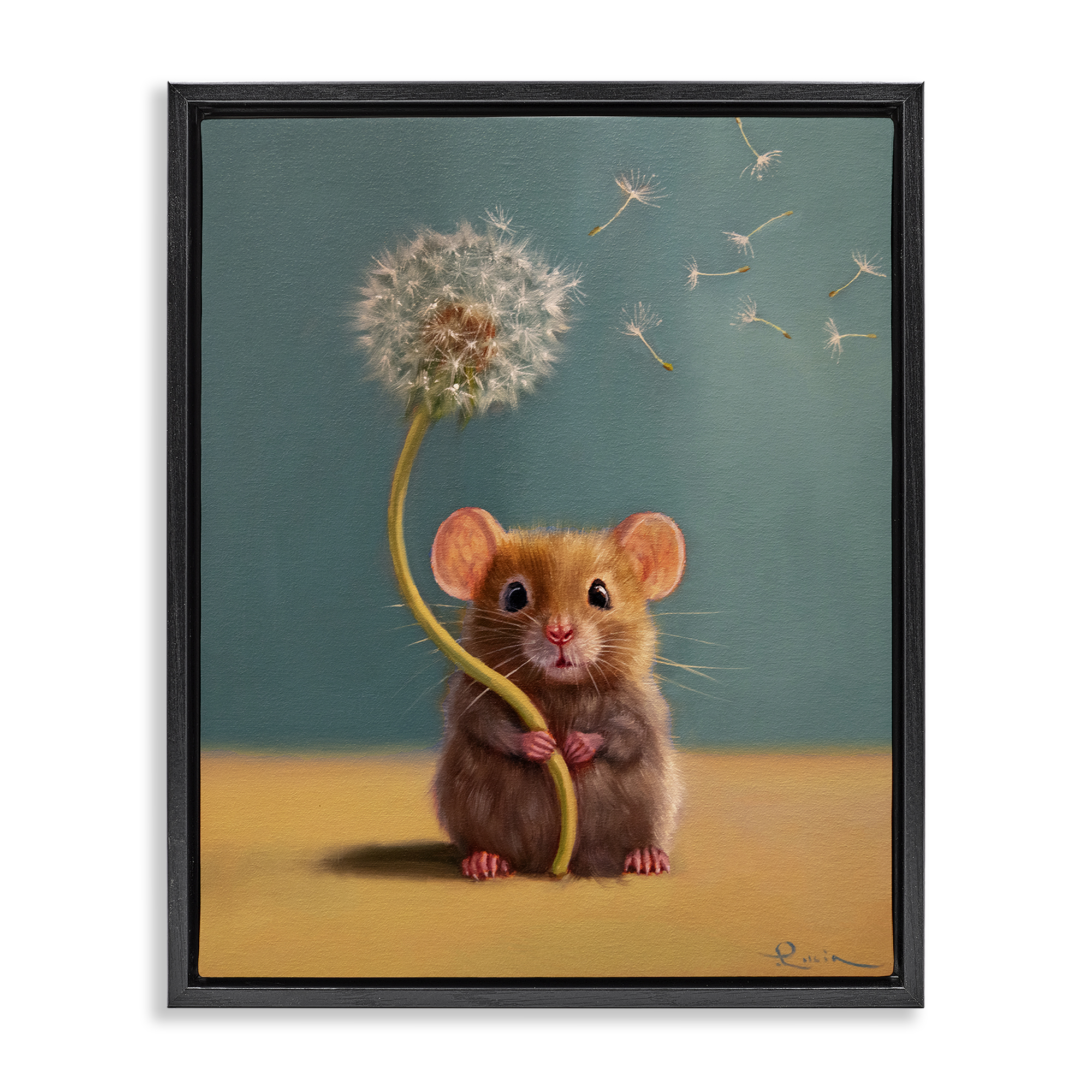 Tiny Wishes Mouse & Dandelion Black Framed Floater Canvas Wall Art, design by Lucia Heffernan