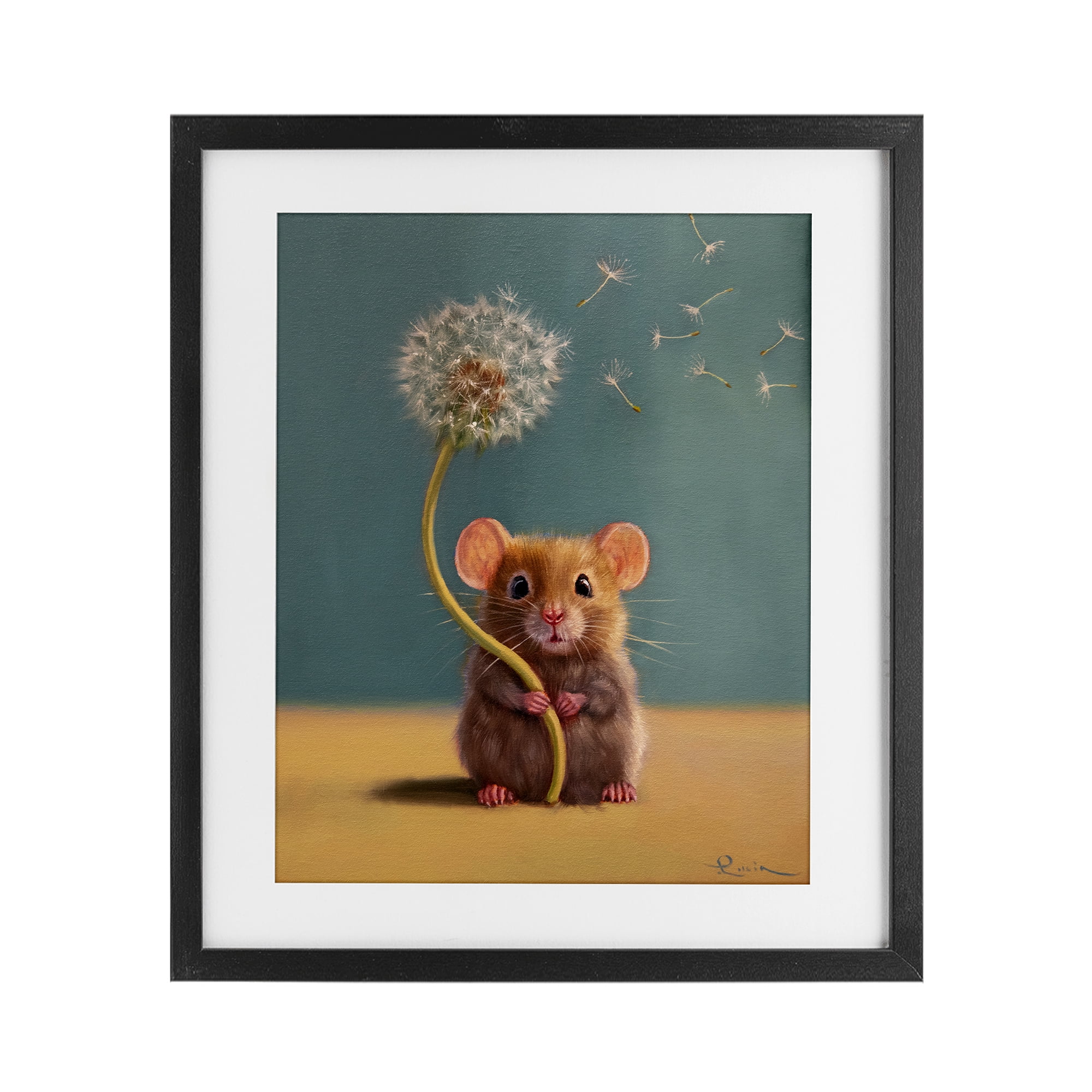 Tiny Wishes Mouse & Dandelion Black Framed Print Under Glass, design by Lucia Heffernan