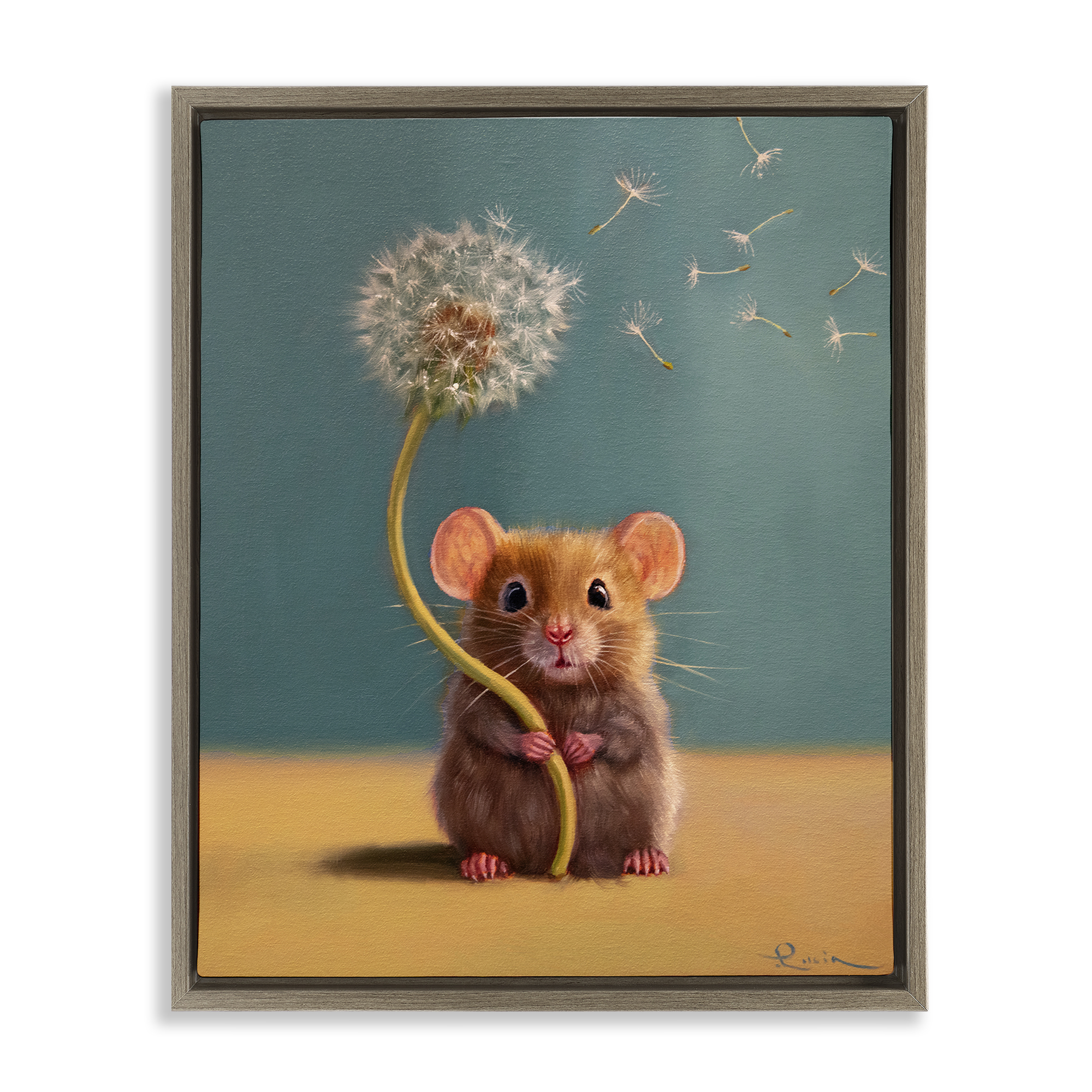 Tiny Wishes Mouse & Dandelion Brown Framed Floater Canvas Wall Art, design by Lucia Heffernan