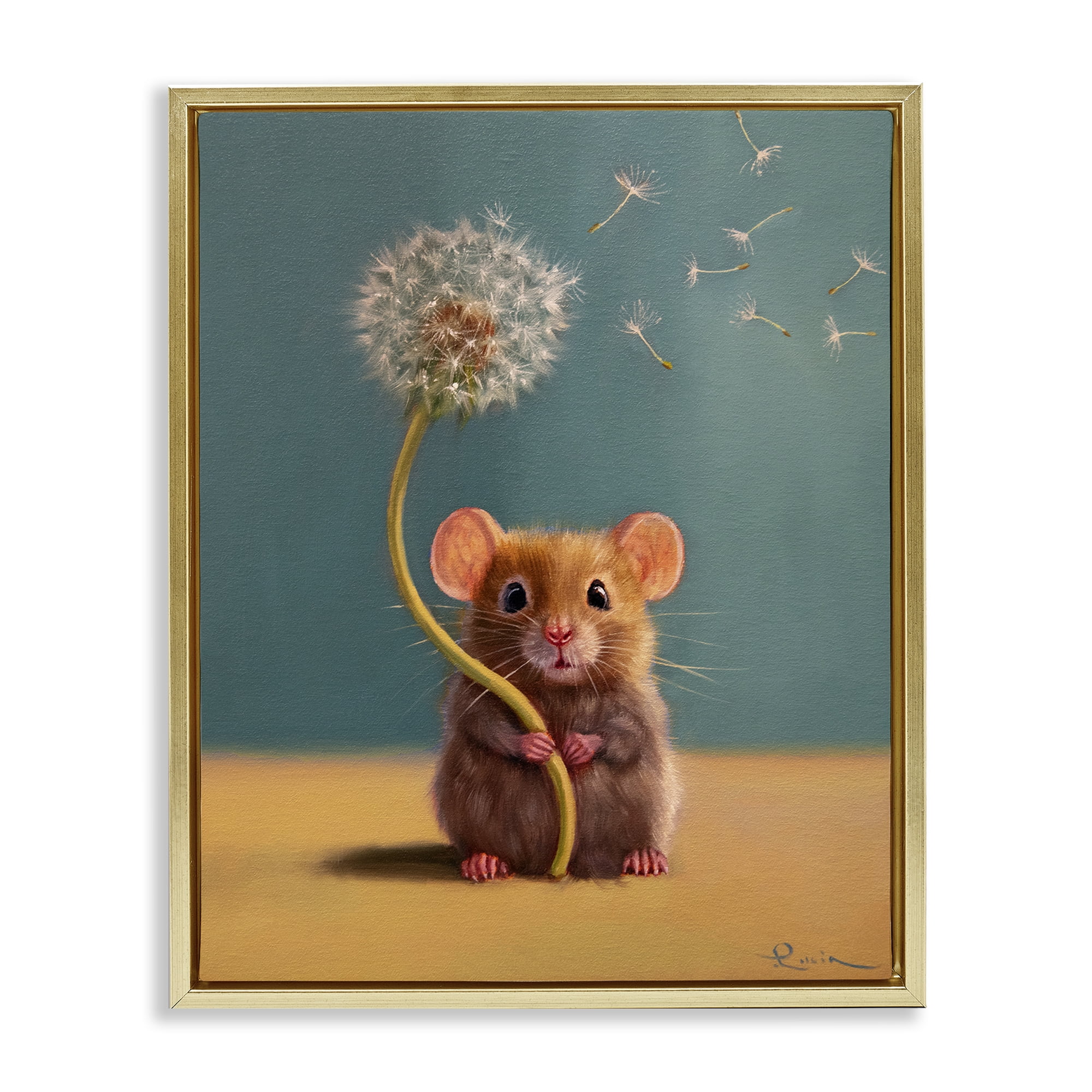 Tiny Wishes Mouse & Dandelion Gold Framed Floater Canvas Wall Art, design by Lucia Heffernan