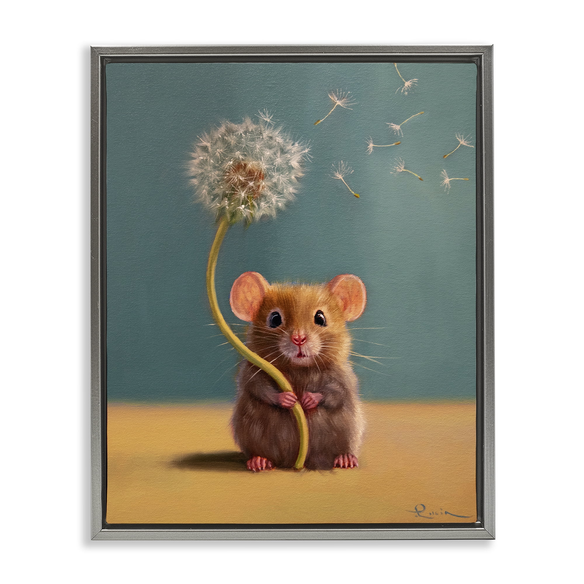Tiny Wishes Mouse & Dandelion Gray Framed Floater Canvas Wall Art, design by Lucia Heffernan