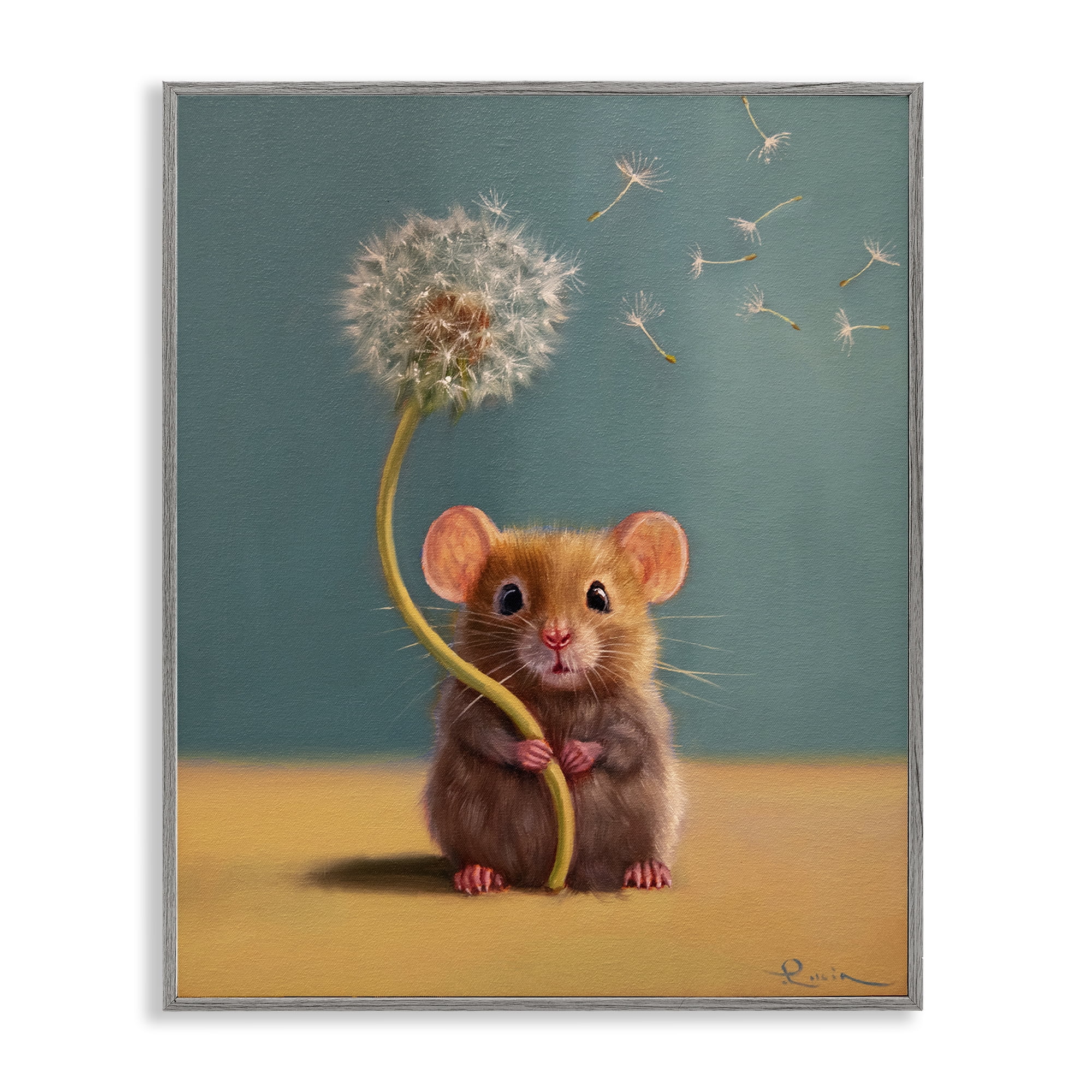 Tiny Wishes Mouse & Dandelion Gray Framed Giclee Art, design by Lucia Heffernan