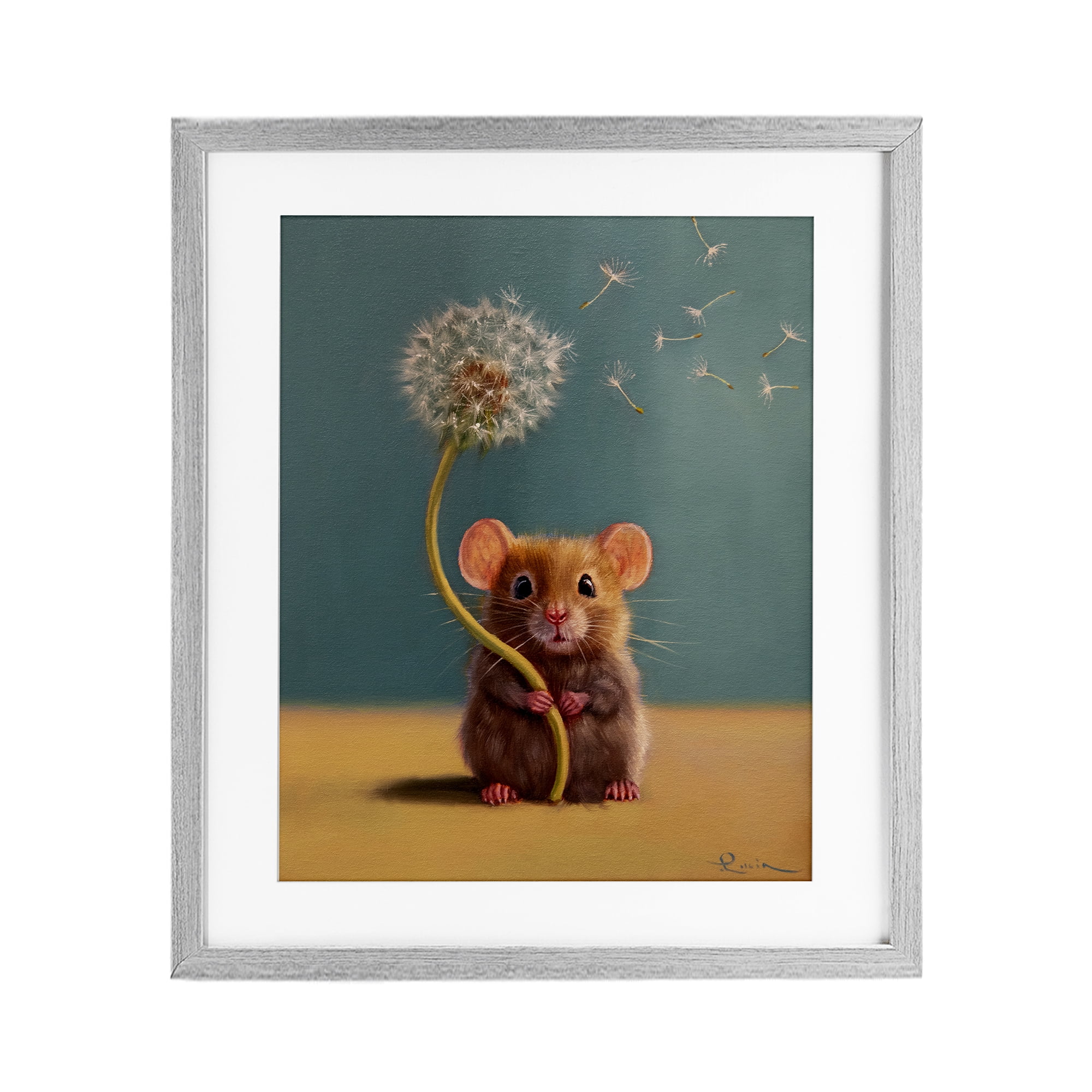 Tiny Wishes Mouse & Dandelion Gray Framed Print Under Glass, design by Lucia Heffernan