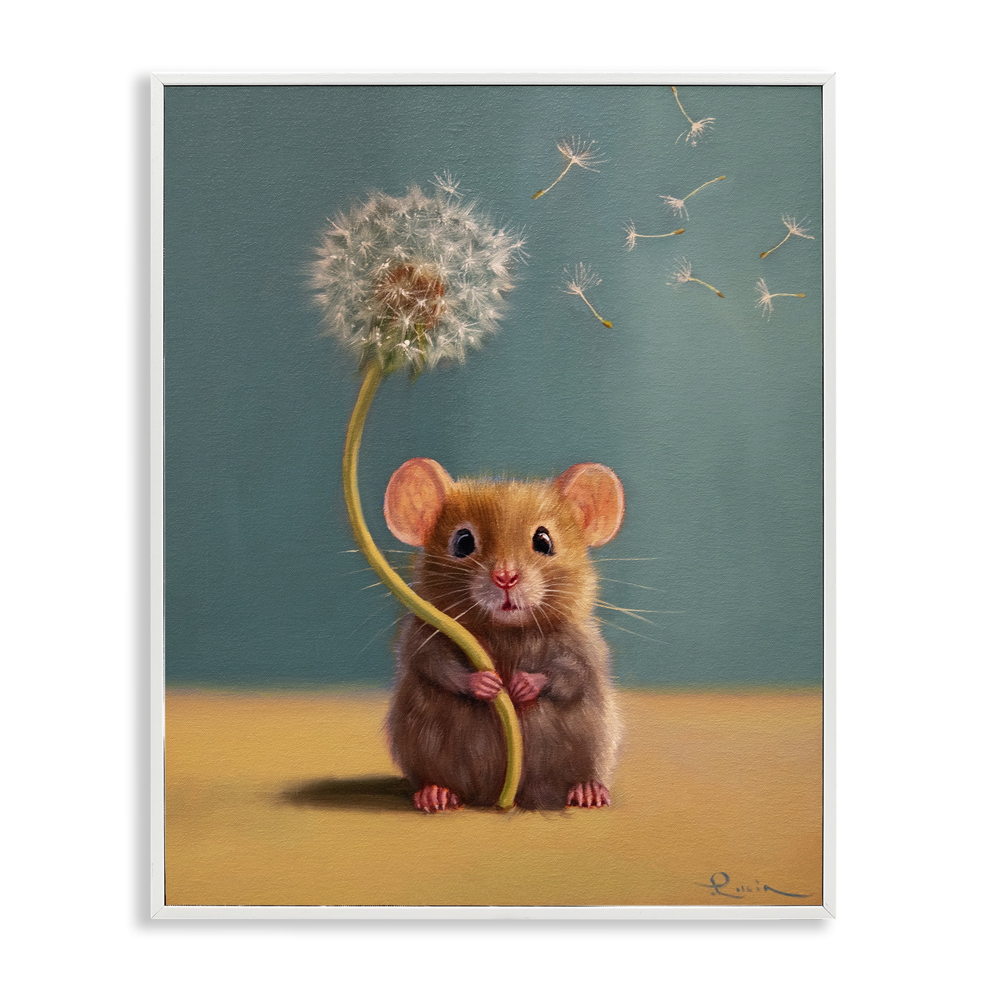 Tiny Wishes Mouse & Dandelion White Framed Giclee Art, design by Lucia Heffernan