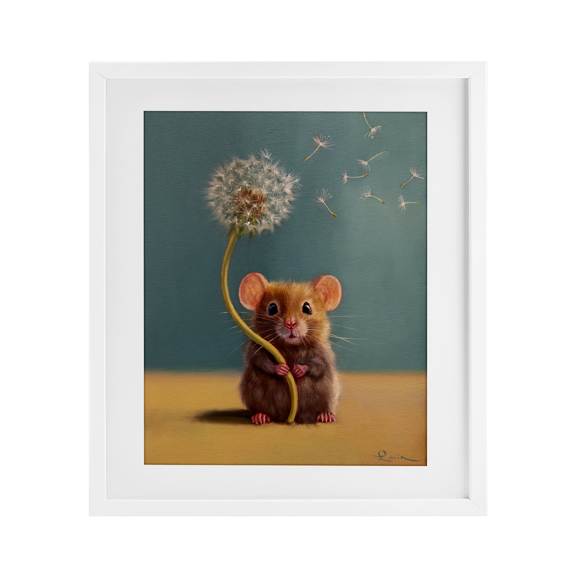 Tiny Wishes Mouse & Dandelion White Framed Print Under Glass, design by Lucia Heffernan