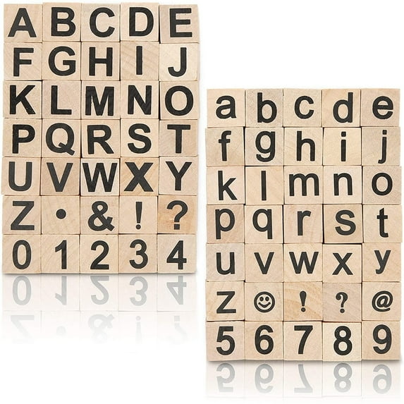 Tiny Wood Stamps Set with Letters and Numbers, Miniature Size (0.6 in, 70 Pieces)