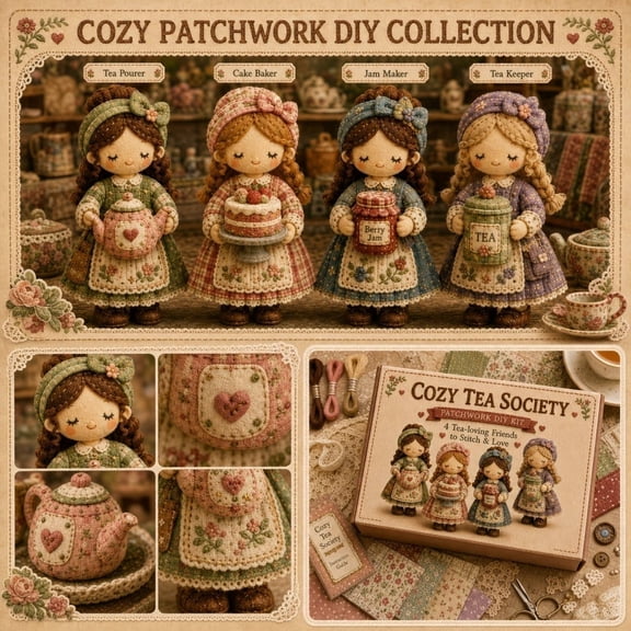 Tiny Worlds Collection Patchwork DIY Kit, Felt Doll Sewing Craft, Beginner Friendly, Includes All Materials, Multiple Themes