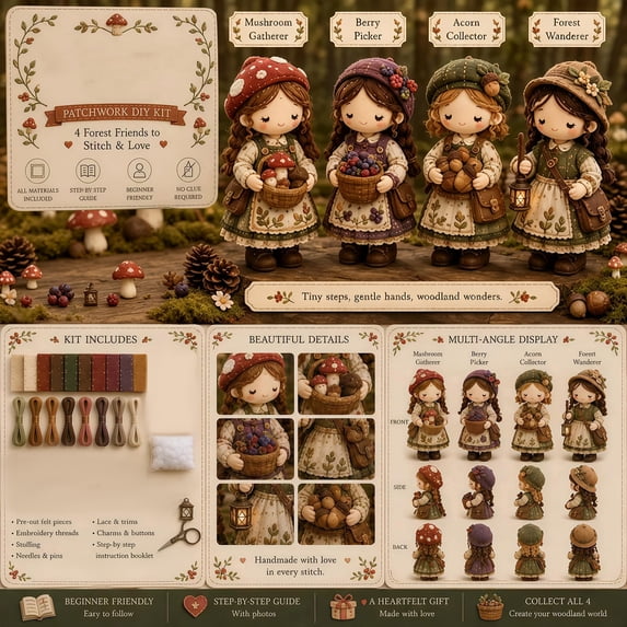 Tiny Worlds Collection Patchwork DIY Kit, Felt Doll Sewing Craft, Beginner Friendly, fairy patchwork diy collection, Soft felt material for long-term handmade creation G