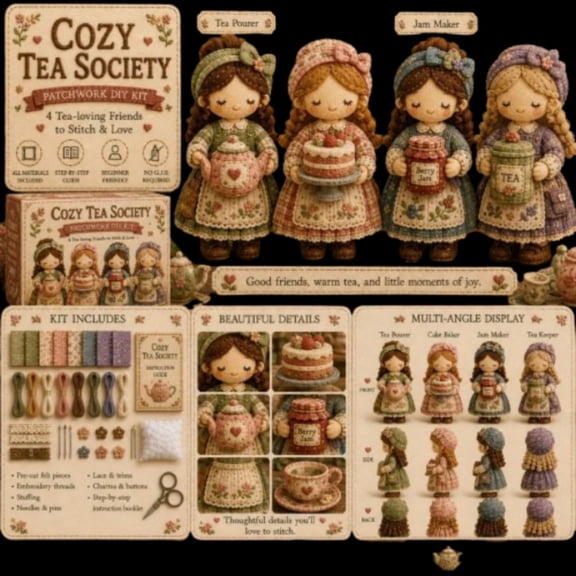 Tiny Worlds Collection Patchwork DIY Kit, Soft Felt Doll Sewing Craft Set, Beginner-Friendly Handmade Fabric Character for Home Decor, Unique Gift for Craft Lovers, Tea Enthusiasts & Bookworms (A)