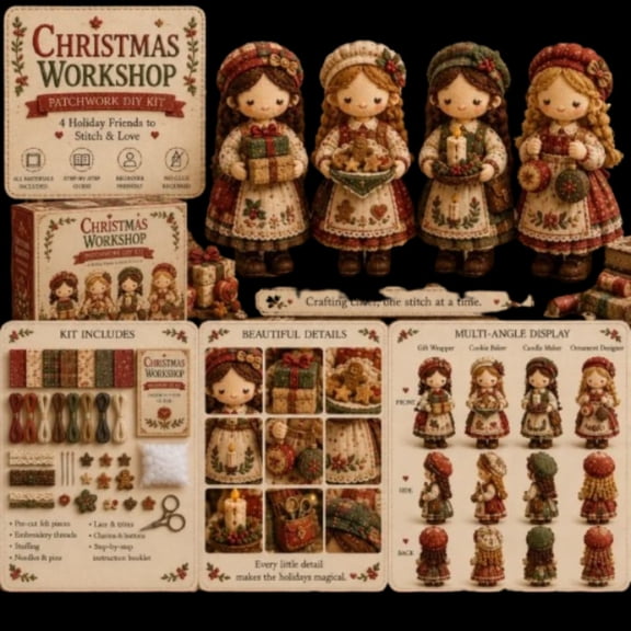 Tiny Worlds Collection Patchwork DIY Kit, Soft Felt Doll Sewing Craft Set, Beginner-Friendly Handmade Fabric Character for Home Decor, Unique Gift for Craft Lovers, Tea Enthusiasts & Bookworms (B)