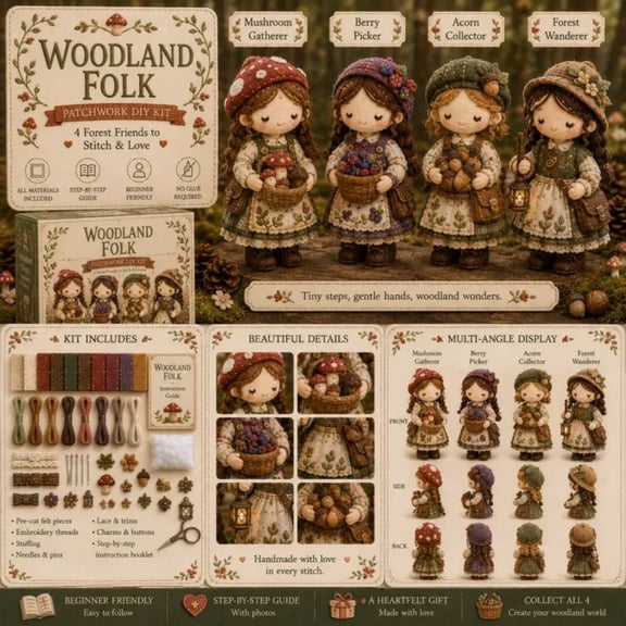 Tiny Worlds Collection Patchwork DIY Kit, Soft Felt Doll Sewing Craft Set, Beginner-Friendly Handmade Fabric Character for Home Decor, Unique Gift for Craft Lovers, Tea Enthusiasts & Bookworms (F)