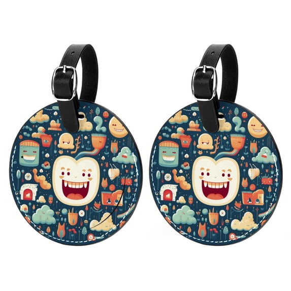 Tiny teeth 2Pcs PU Leather Round Luggage Tags with Privacy Cover and Name ID Tag for Suitcase, Handbags, Backpacks, School Bags
