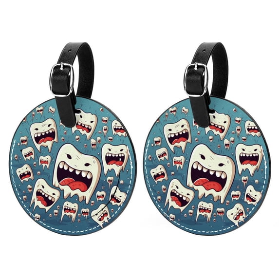 Tiny teeth 2pcs PU Leather Round Bag Tags with Privacy Cover and Name ID Tag - Suitcase Tags for Travel Luggage, Handbags, Backpacks, School Bags