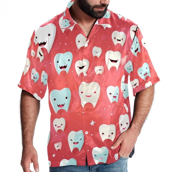 Tiny teeth Men's Casual Poplin Printed Button Down Short Sleeve Summer Beach Shirts - Unisex