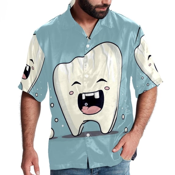 Tiny teeth Men's Casual Printed Hawaiian Poplin Button Down Short Sleeve Beach Shirt Unisex