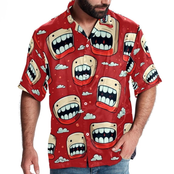 Tiny teeth Men's Casual Printed Poplin Short Sleeve Button Down Beach Shirt with Spread Collar Top