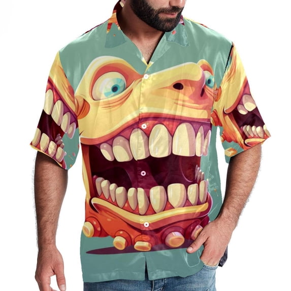 Tiny teeth Men's Poplin Casual Printed Button Down Short Sleeve Summer Beach Shirts Unisex