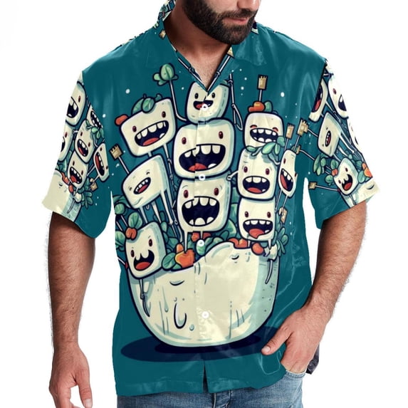 Tiny teeth Men's Spread Collar Poplin Beach Shirts - Casual Printed Button Down Short Sleeve Summer Tops for Unisex