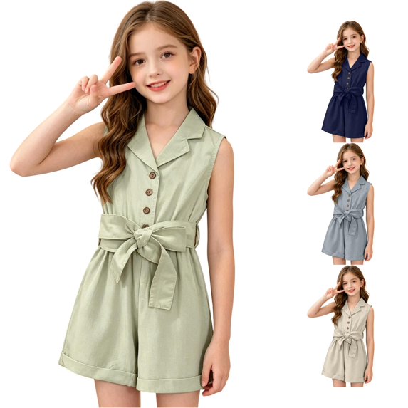 TinyBloomm Boy Rompers Girls Summer Romper Jumpsuit Sleeveless Notch Lapel Button Front Tie Waist Shorts Playsuit Casual Outfit, Size 2-3 Years