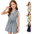 thumbnail image 1 of TinyBloomm Boy Rompers Girls Summer Romper Jumpsuit Sleeveless Notch Lapel Button Front Tie Waist Shorts Playsuit Casual Outfit, Size 6-7 Years, 1 of 7
