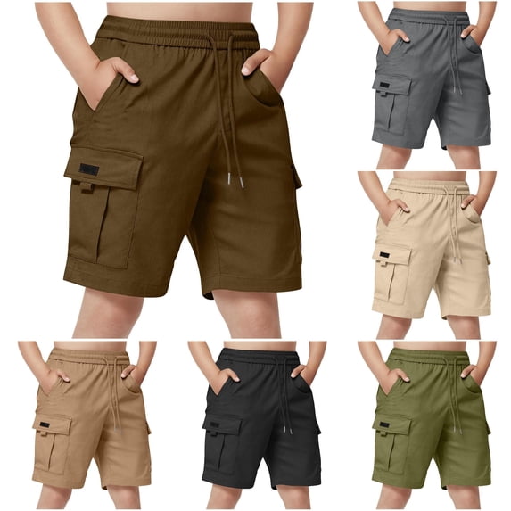 TinyBloomm Boys Cargo Shorts With Drawstring Waist Multiple Pockets Casual Straight Leg Five Point Shorts For Kids And Youth, Size 7-8 Years