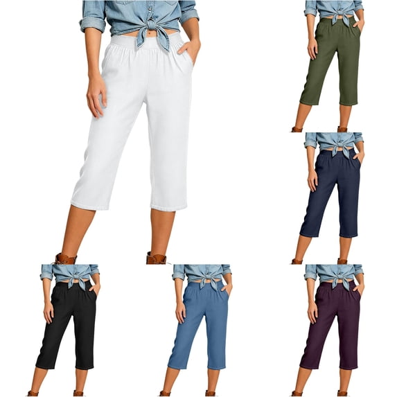 TinyBloomm Capri Jeans For Stretch Casual Elastic Waist Wide Straight Leg Plus Size Pull On Denim Capris Loose Summer Pants plus Size Stretch Pants Women Cargo Pants with Pockets