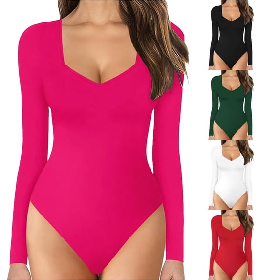 TinyBloomm Catsuit for Women Women Solid Square Neck Long Sleeve Button Jumpsuit Slim Bodysuit Jumpsuits, Size L