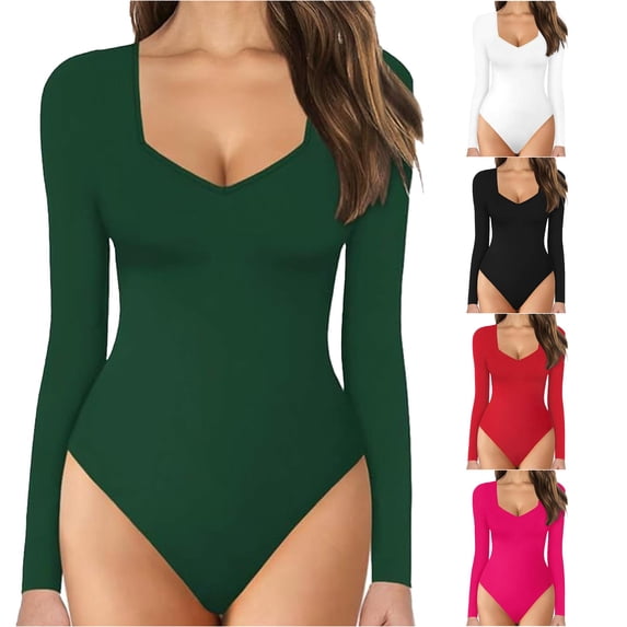 TinyBloomm Catsuit for Women Women Solid Square Neck Long Sleeve Button Jumpsuit Slim Bodysuit Jumpsuits, Size L