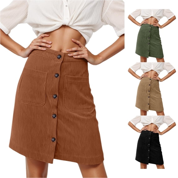 TinyBloomm Corduroy Skirt High Waisted Button Down A Line Fall Winter Short Skirt With Pockets Casual Stretch Comfort Fit Skirt Table Fringe, Size S