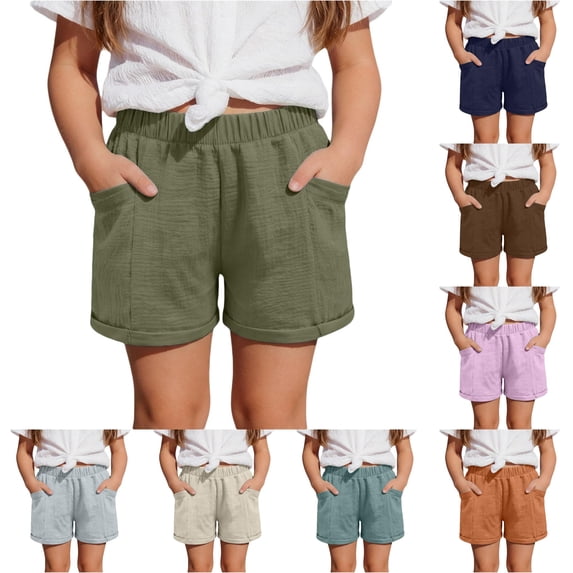 TinyBloomm Girls Casual Solid Color Loose Fit Summer Shorts Comfortable Elastic Waist Playwear Soft Twill Pants, Size 10-11 Years