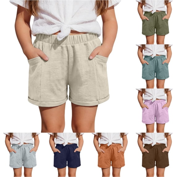 TinyBloomm Girls Casual Solid Color Loose Fit Summer Shorts Comfortable Elastic Waist Playwear Soft Twill Pants, Size 6-7 Years