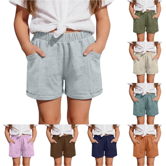 TinyBloomm Girls Casual Solid Color Loose Fit Summer Shorts Comfortable Elastic Waist Playwear Soft Twill Pants, Size 8-9 Years