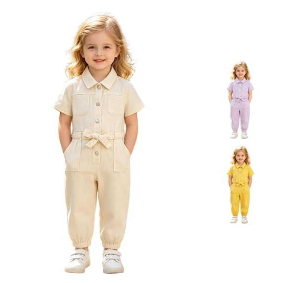 TinyBloomm Girls Jumpsuits Toddler Kids Girls Short Sleeve Solid Romper Trousers Toddler Shorts Lapel Jumpsuit, Size 18-24 Months