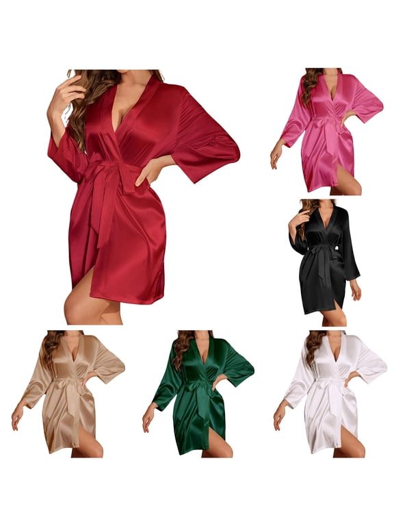 Hooded Bathrobes for Women Knee Length Women's Long Sleeve French Elegant Sleepwear Silk Satin Thin Robe Loungewear Pajama Set, Size M