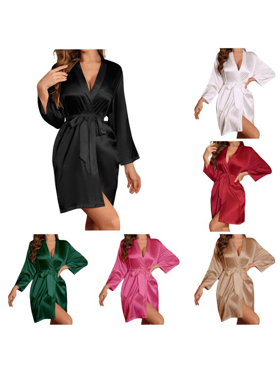 Hooded Bathrobes for Women Knee Length Women's Long Sleeve French Elegant Sleepwear Silk Satin Thin Robe Loungewear Pajama Set, Size XXL