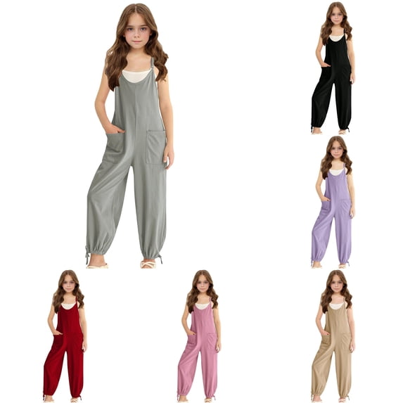 TinyBloomm Jumpsuit Girls Girls Sleeveless Jumpsuit With Adjustable Spaghetti Straps And Side Pockets Casual Summer Romper For Big Kids And Comfortable Pull On Play Outfit, Size 7-8 Years