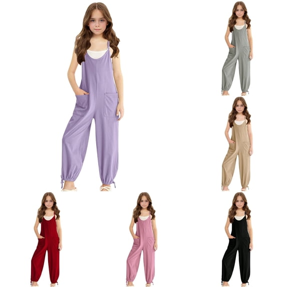 TinyBloomm Jumpsuit Girls Girls Sleeveless Jumpsuit With Adjustable Spaghetti Straps And Side Pockets Casual Summer Romper For Big Kids And Comfortable Pull On Play Outfit, Size 13-14 Years