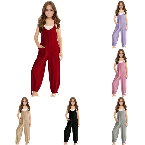 TinyBloomm Jumpsuit Girls Girls Sleeveless Jumpsuit With Adjustable Spaghetti Straps And Side Pockets Casual Summer Romper For Big Kids And Comfortable Pull On Play Outfit, Size 7-8 Years